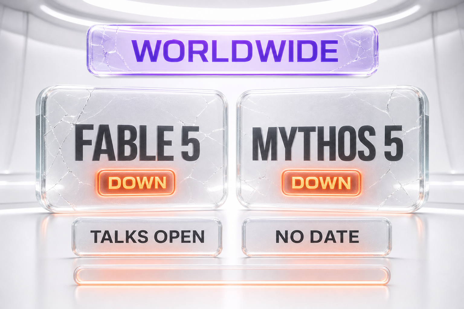 Status visual showing Fable 5 and Mythos 5 suspended worldwide with negotiations open and no restoration date as of June 15, 2026