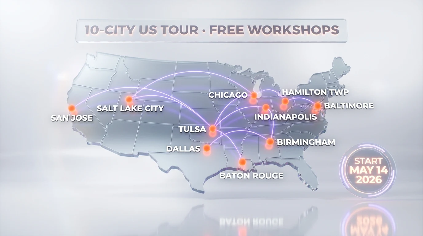Anthropic Claude for Small Business 10-city US tour map covering Chicago, Tulsa, Dallas, Hamilton Township, Baton Rouge, Birmingham, Salt Lake City, Baltimore, San Jose and Indianapolis with workshops starting May 14 2026 — ThePlanetTools.ai