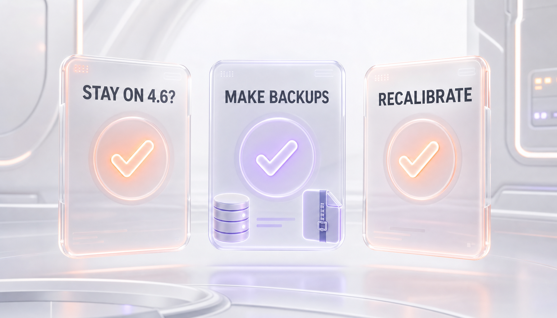 Practical operator advice: stay on the older reliable version, make backups, and recalibrate, shown as glassmorphism checklist cards