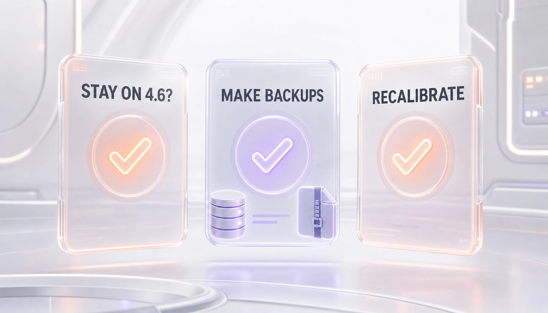 Practical operator advice: stay on the older reliable version, make backups, and recalibrate, shown as glassmorphism checklist cards