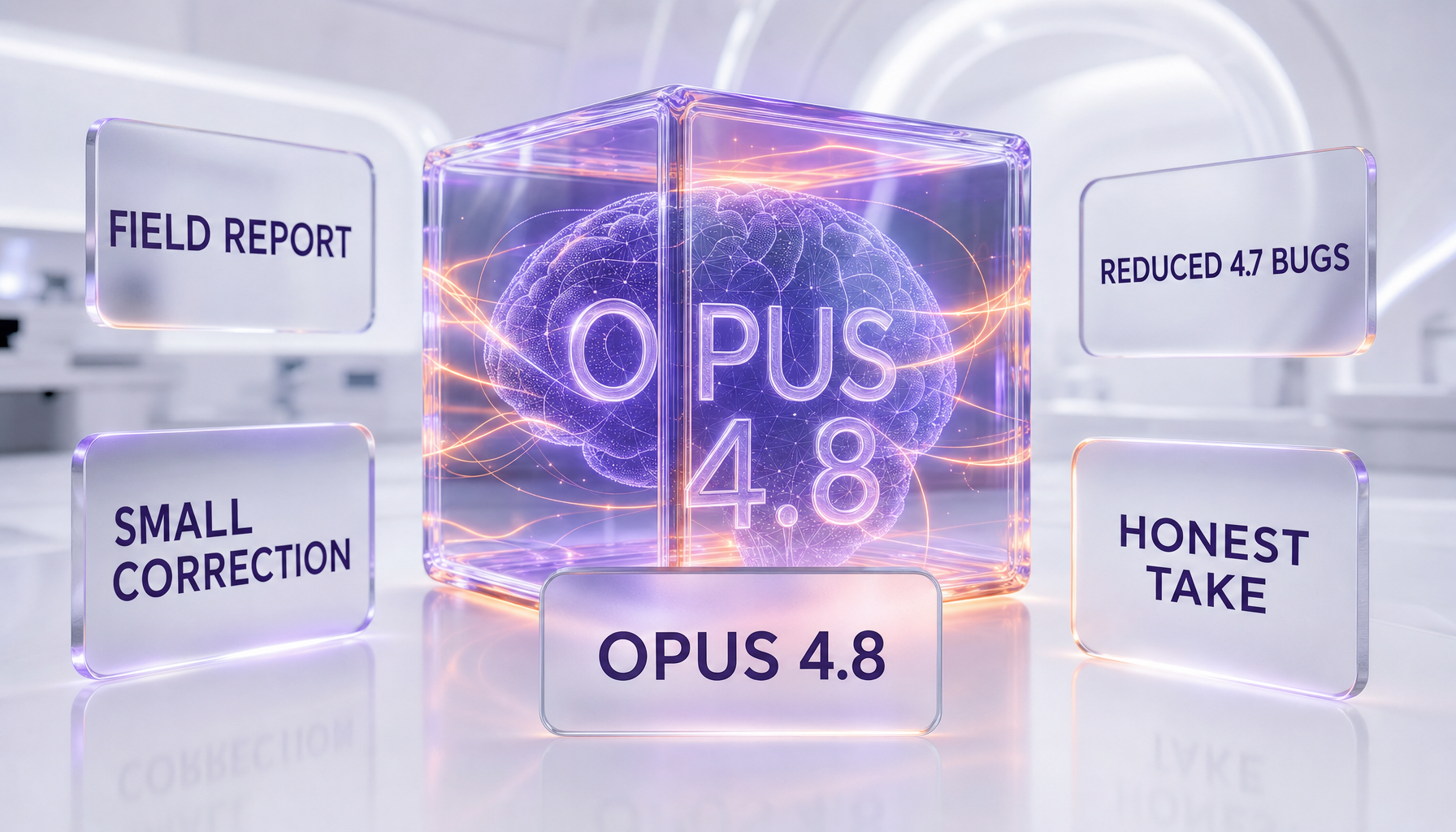 Claude Opus 4.8 field report — an incremental correction over Opus 4.7, not a leap, shown as a glassmorphism dashboard
