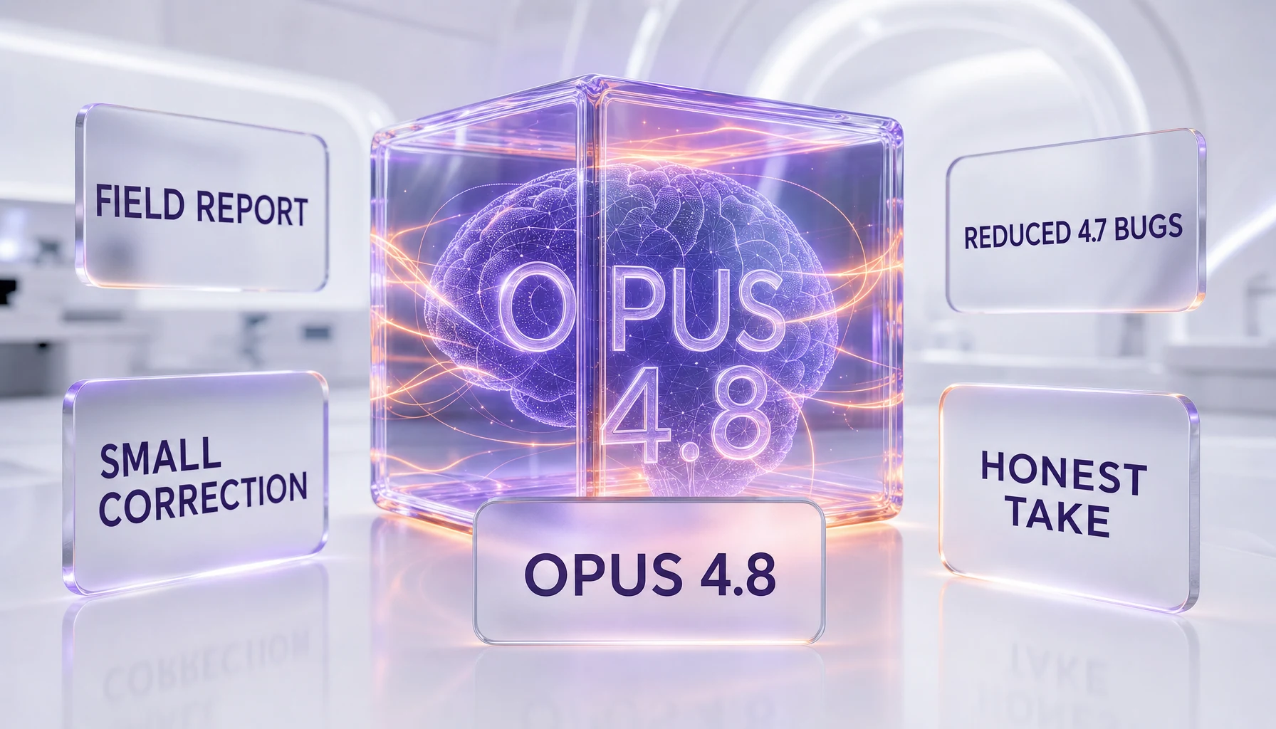 Claude Opus 4.8 field report — an incremental correction over Opus 4.7, not a leap, shown as a glassmorphism dashboard