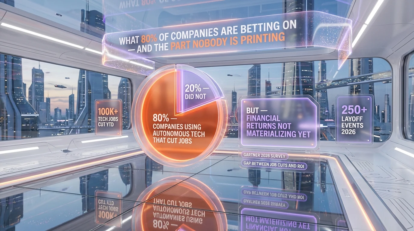 Gartner 2026 survey data — 80% of companies using autonomous technology have cut jobs, but the financial returns are not yet materializing, against the backdrop of 100,000+ tech jobs cut and 250+ layoff events year-to-date in 2026