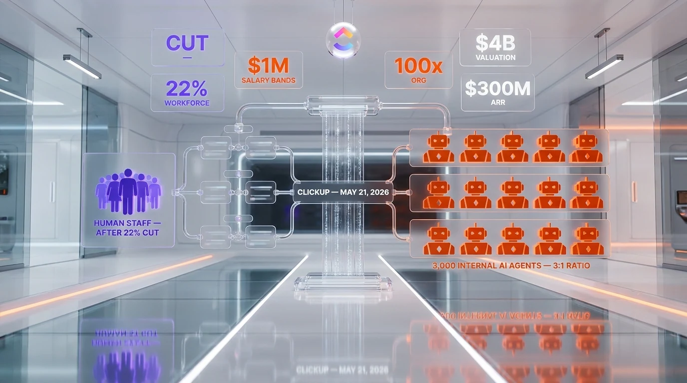 ClickUp's 100x org pivot — 22% workforce reduction, 3,000 internal AI agents at a 3-to-1 agent-to-employee ratio, and million-dollar salary bands unlocked for AI-savvy survivors, May 21 2026