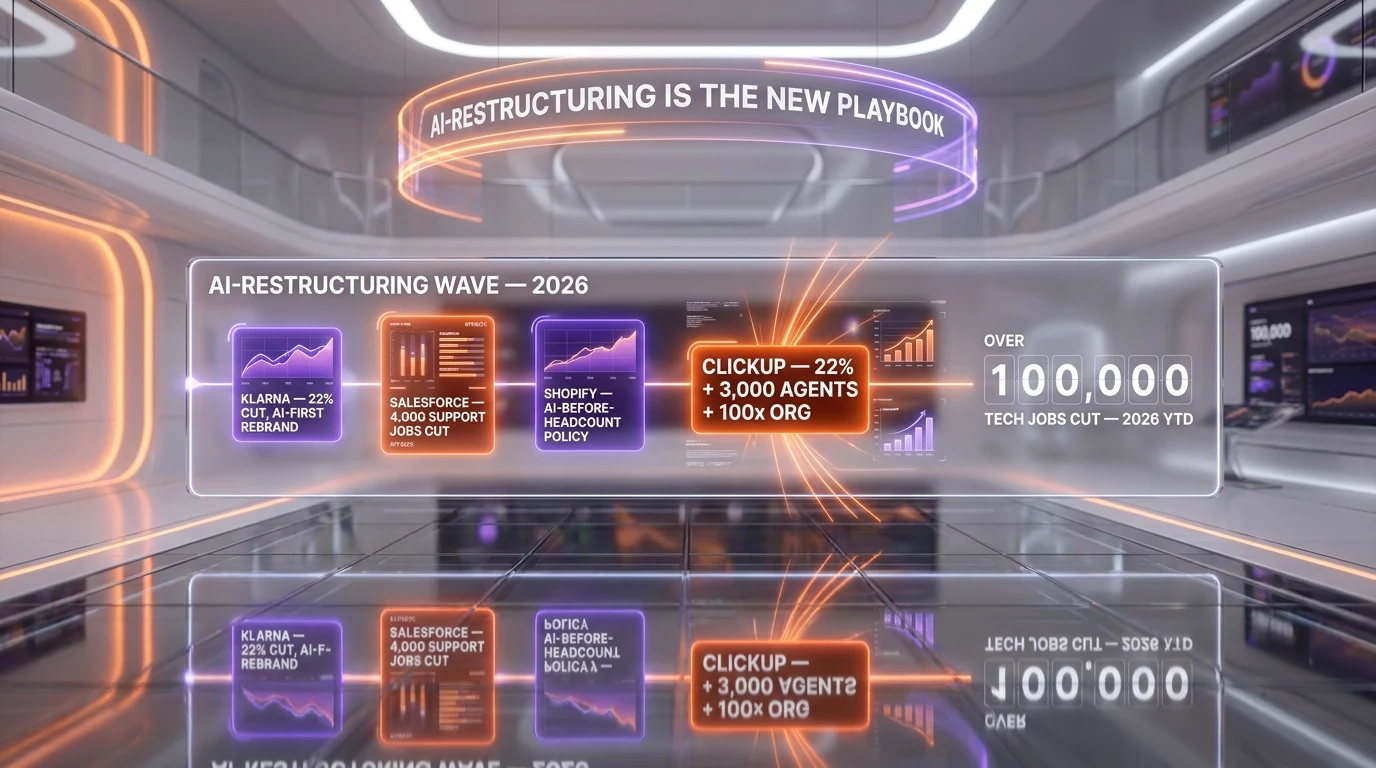 The 2026 AI-restructuring wave timeline — Klarna's 22% AI-first rebrand, Salesforce cutting 4,000 customer-service roles, Shopify's AI-before-headcount policy, and ClickUp's May 21 22% cut plus 3,000 agents plus 100x org pivot, set against 100,000+ tech jobs cut year-to-date