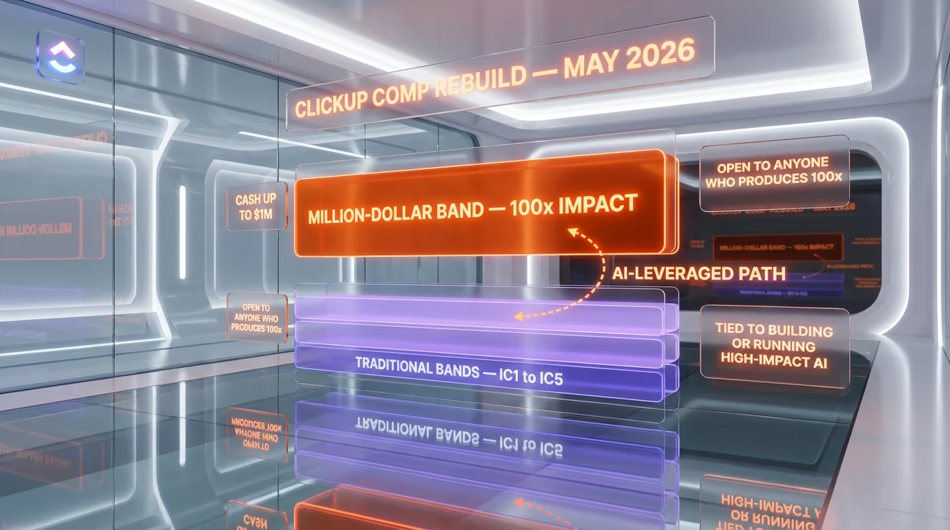 ClickUp's million-dollar salary band rebuild — traditional IC1 to IC5 bands at the bottom, plus a new top floating band reaching up to $1M cash for employees building or running high-impact AI systems, May 2026