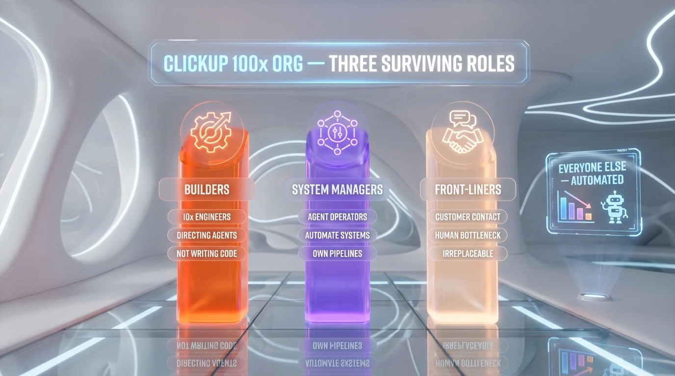 The three surviving roles in Zeb Evans's 100x ClickUp org — Builders (10x engineers directing agents), System Managers (agent operators owning automated pipelines), and Front-Liners (customer-facing staff as the irreplaceable human bottleneck)