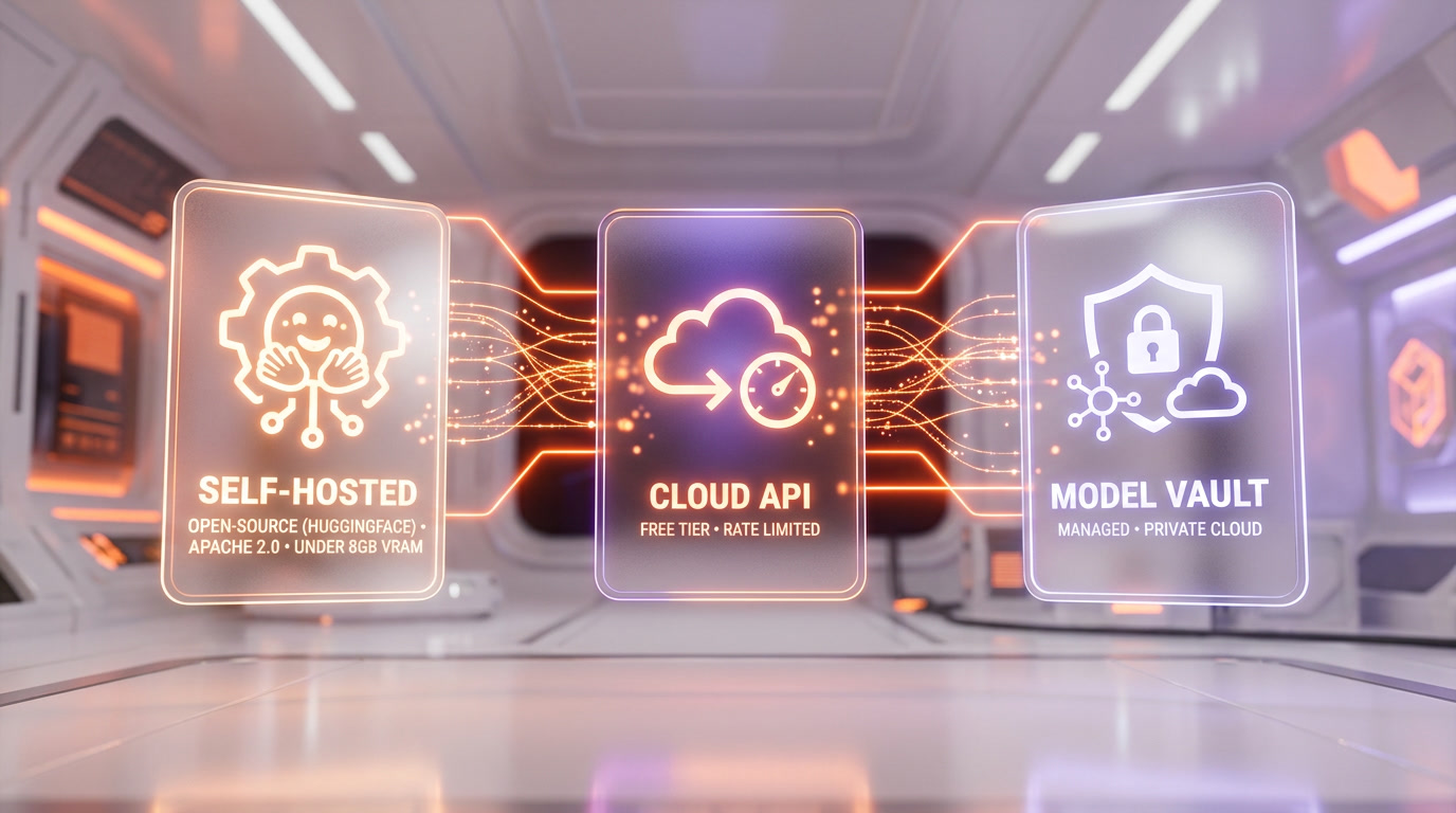 Infographic showing three Cohere Transcribe deployment paths: open-source, free API, and enterprise Model Vault