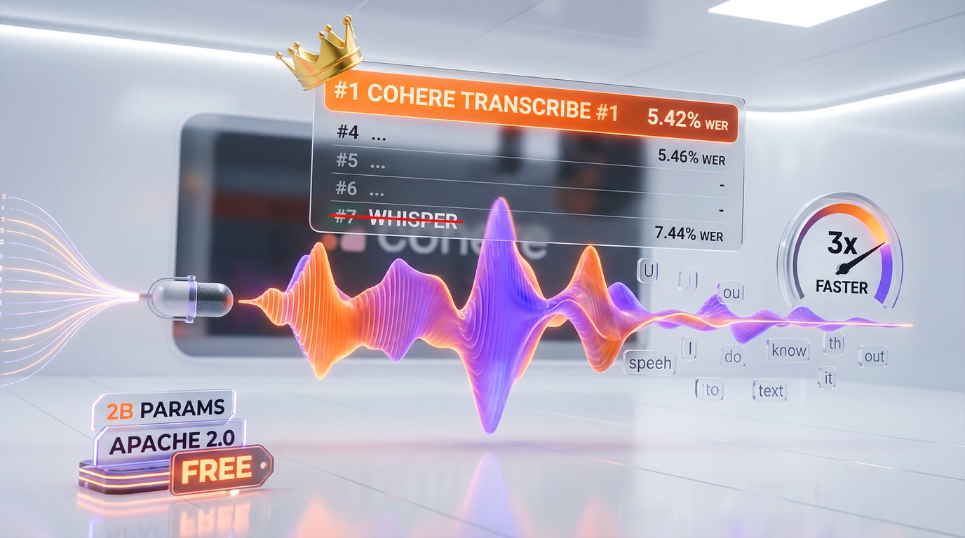 Cohere Transcribe open-source ASR model dashboard showing speech-to-text waveform analysis with 5.42% WER score