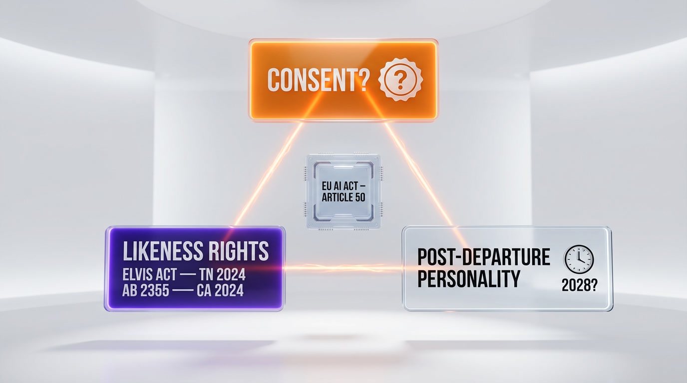 Ethical framework diagram for AI executive clones — consent, likeness rights, post-departure personality