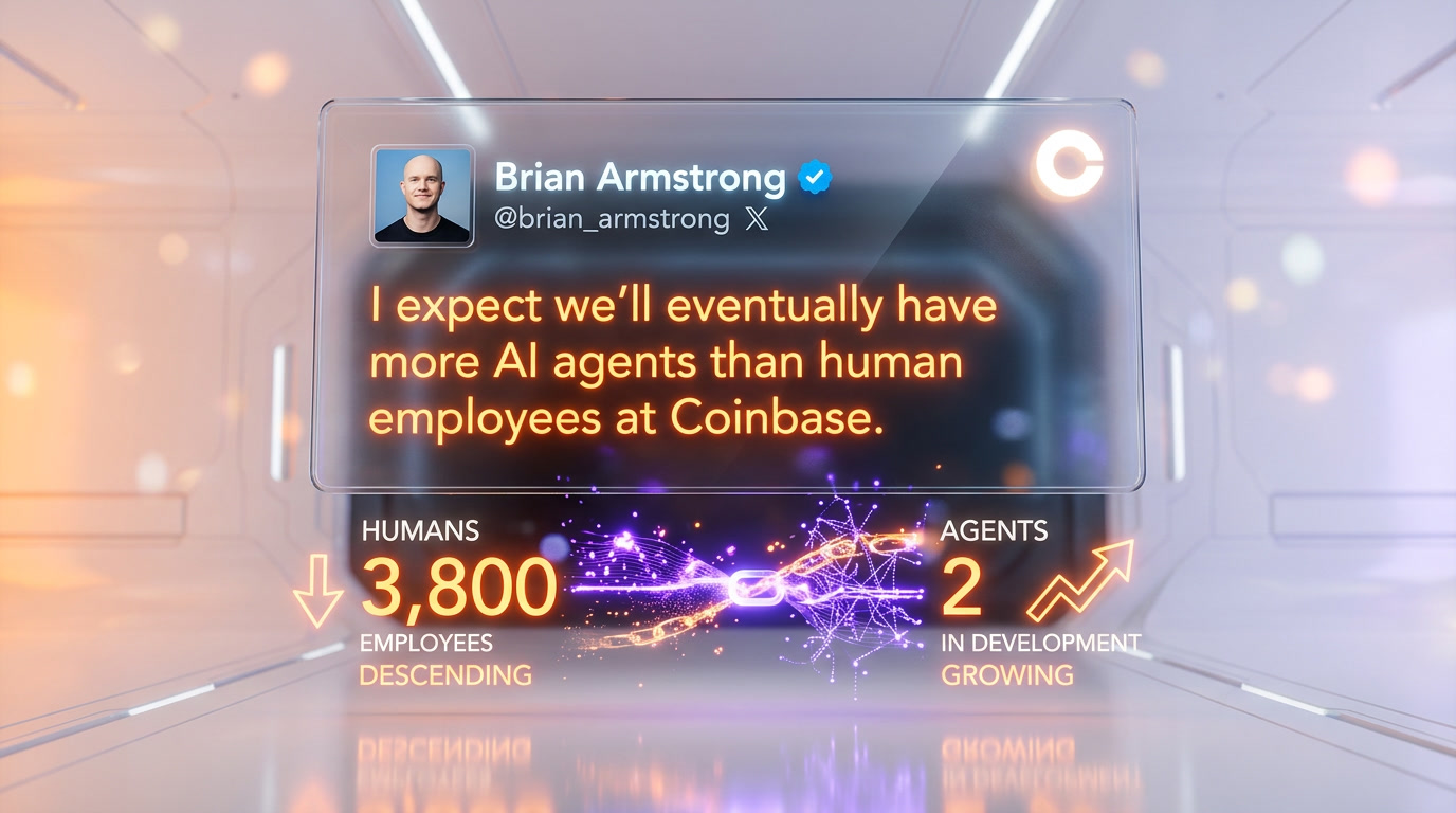 Brian Armstrong X post quote — more AI agents than human employees at Coinbase