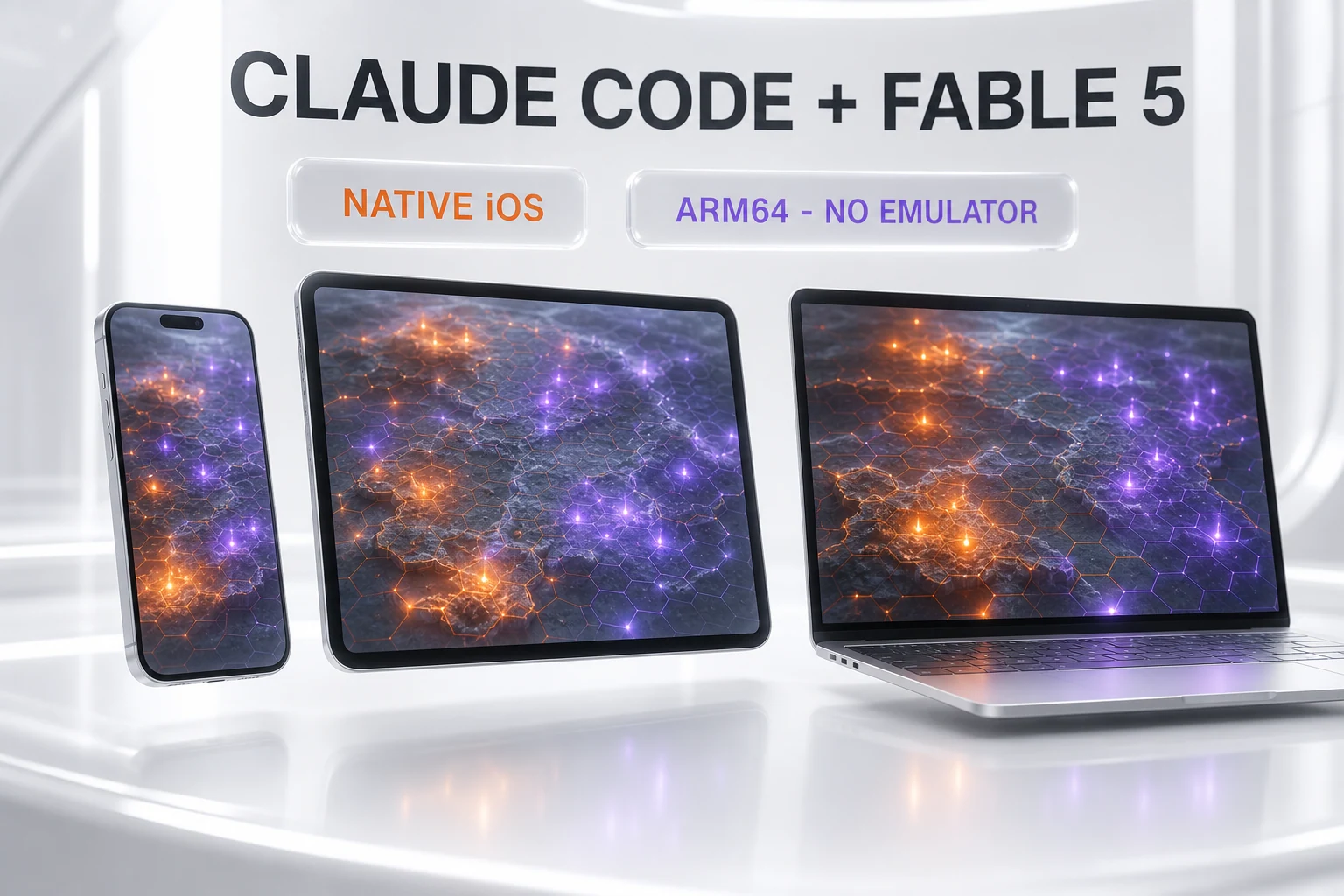 Abstract 3D render of a glass phone, tablet, and laptop glowing with strategy-game light, labeled Claude Code plus Fable 5 and Native iOS