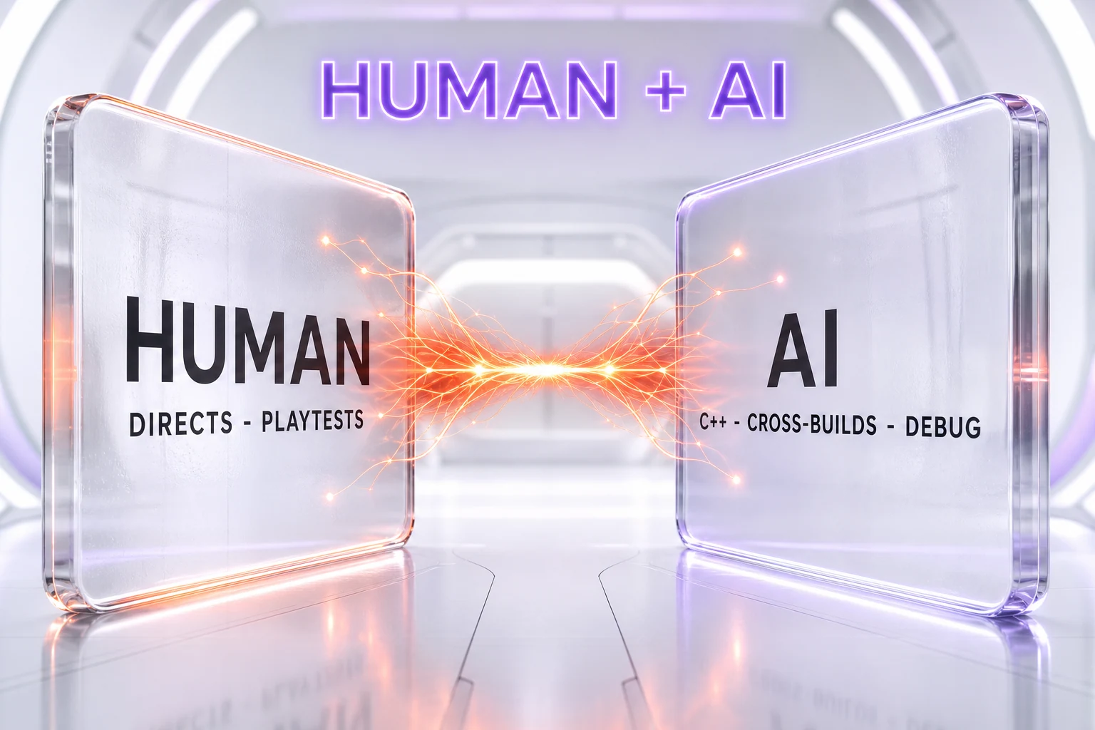 Abstract glass panels showing a human-directs and AI-builds division of labor connected by an orange beam
