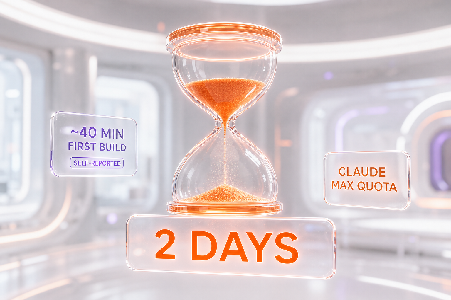 Abstract glass hourglass labeled two days next to a smaller self-reported forty-minute first build label