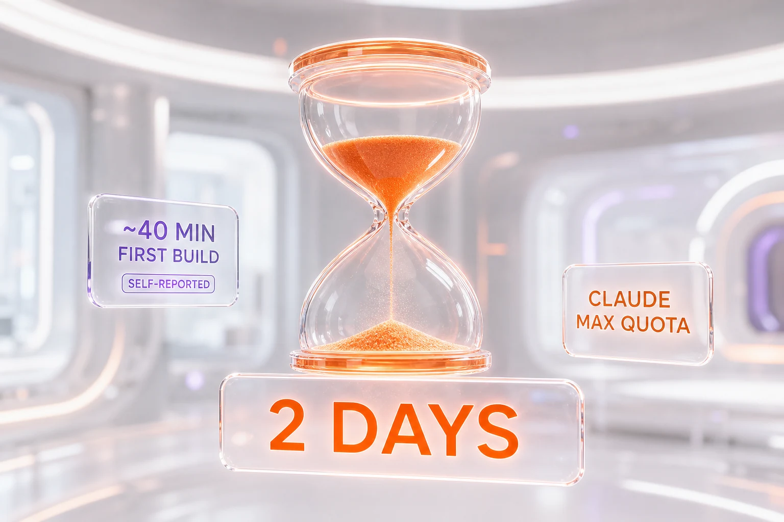 Abstract glass hourglass labeled two days next to a smaller self-reported forty-minute first build label
