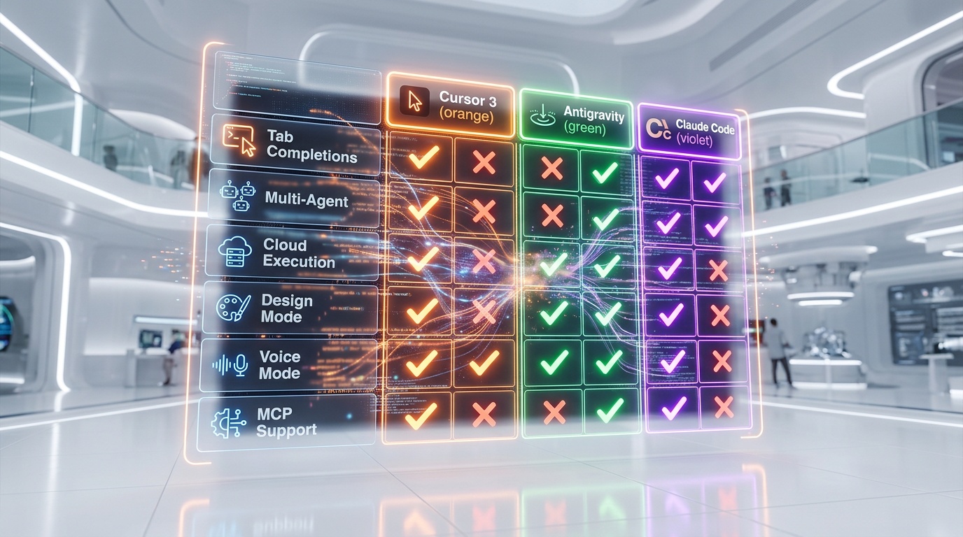 Detailed feature matrix comparing Cursor 3 Google Antigravity and Claude Code capabilities