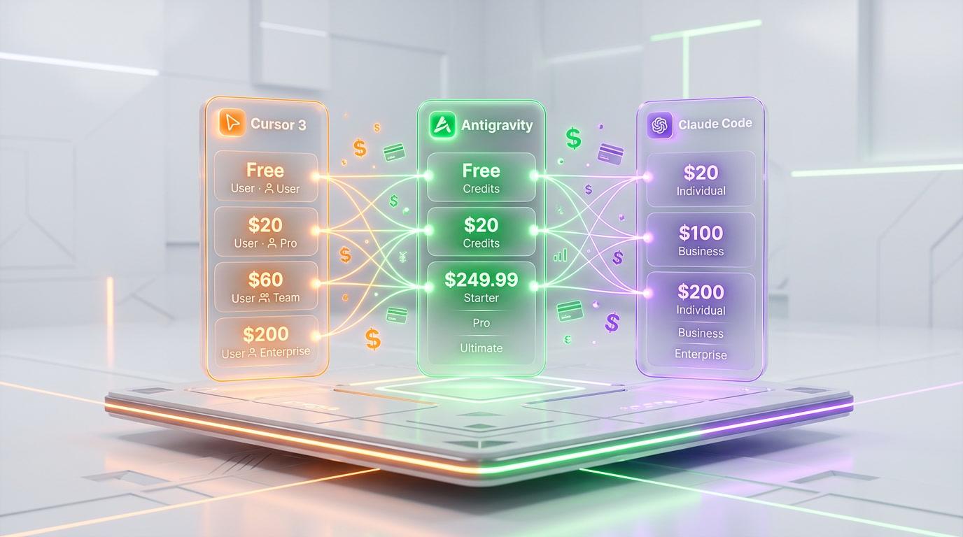 Pricing comparison table for Cursor 3 Google Antigravity and Claude Code April 2026