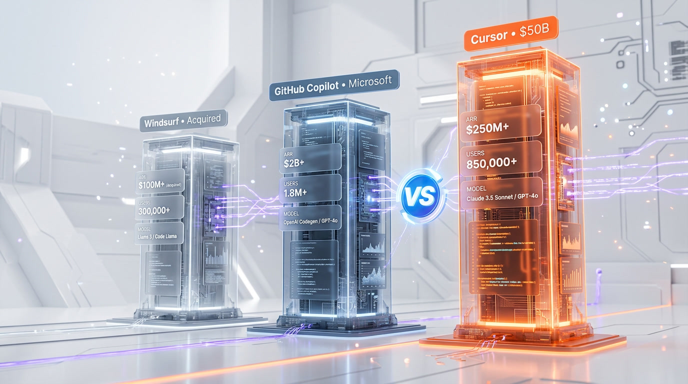 AI coding tools competitive landscape showing Cursor, Claude Code, Codex, GitHub Copilot, and Windsurf with market positioning