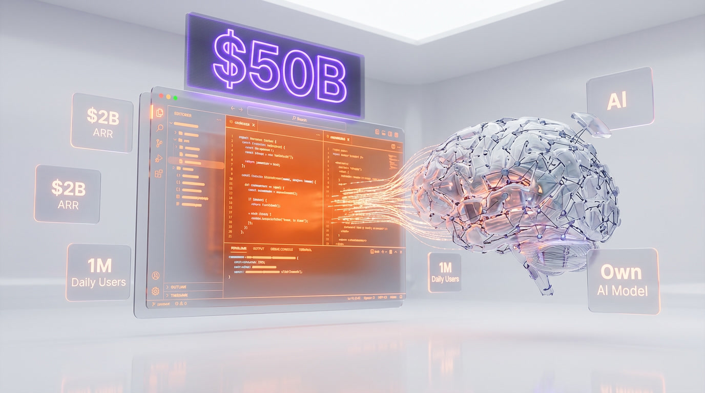 Cursor AI editor reaching $50 billion valuation with $2B+ annualized revenue, 1 million daily users, and plans for its own AI model