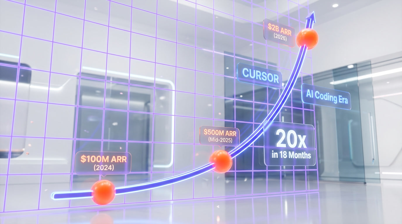 Cursor revenue growth chart showing trajectory from $100M to $2B+ ARR in 12 months with key investor milestones