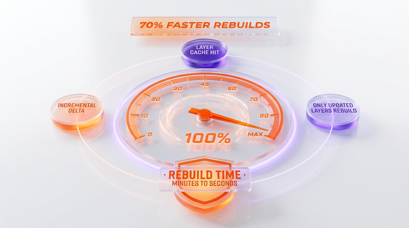 Cache performance dashboard — 70% faster rebuilds, layer cache hit, incremental delta, only updated layers rebuild, rebuild time minutes to seconds, Cursor v3.4