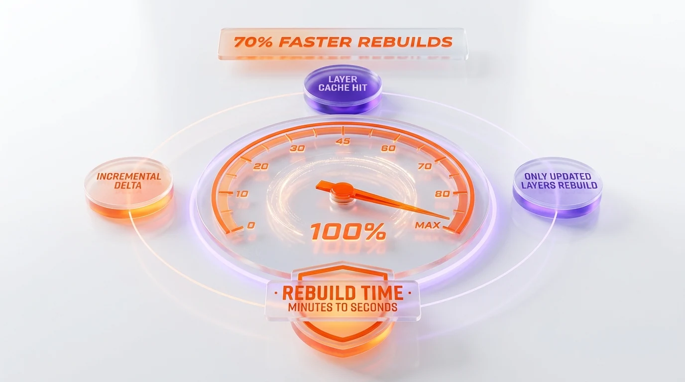 Cache performance dashboard — 70% faster rebuilds, layer cache hit, incremental delta, only updated layers rebuild, rebuild time minutes to seconds, Cursor v3.4