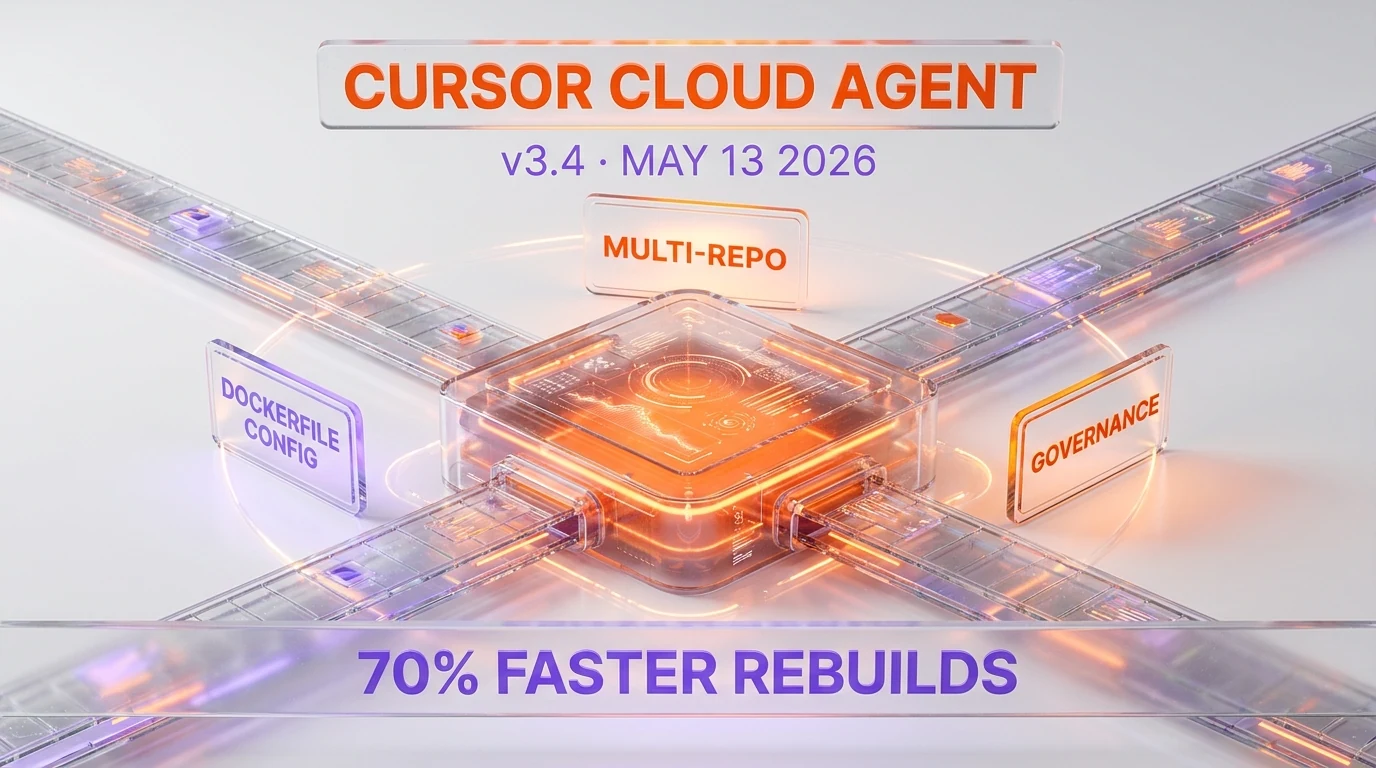 Glassmorphism developer command center — Cursor Cloud Agent Environments v3.4, May 13 2026, multi-repo, Dockerfile config, governance, 70% faster rebuilds