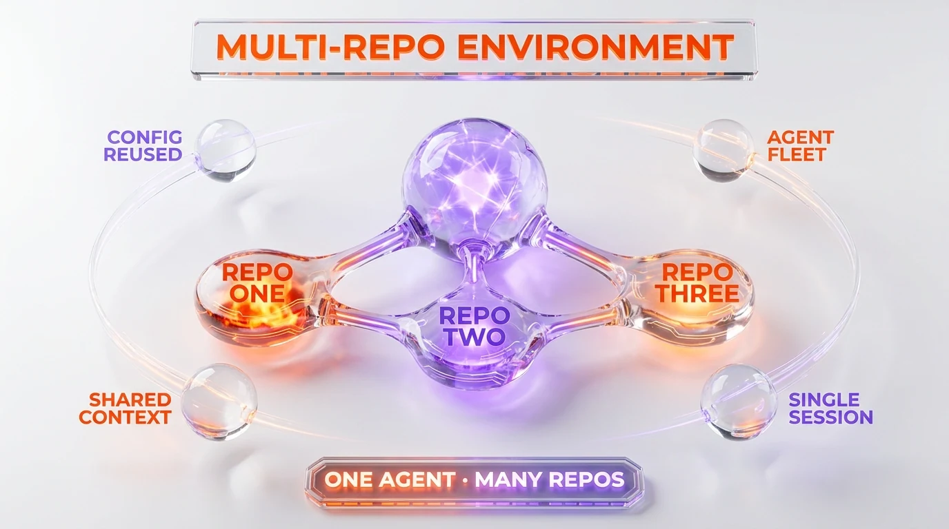 Multi-repo environment anatomy — Cursor v3.4, one agent across repo one, repo two, repo three, config reused, agent fleet, shared context, single session