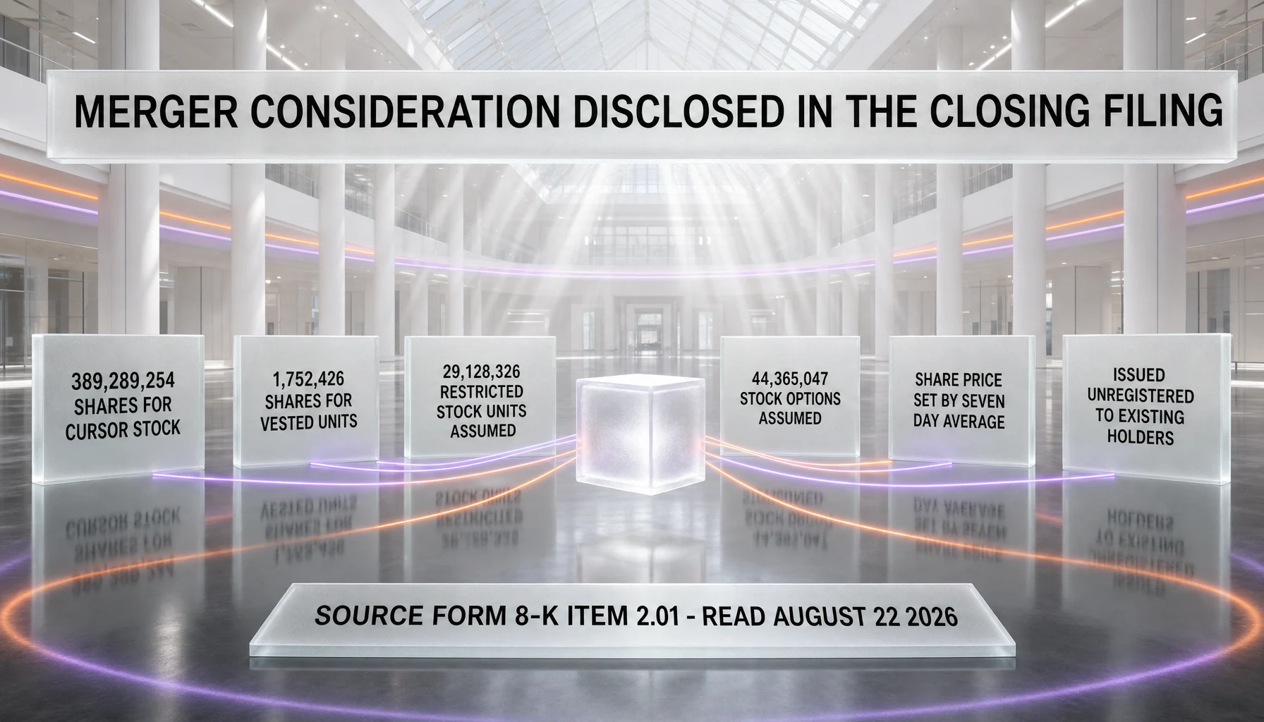 Merger consideration disclosed in the closing filing: 389,289,254 SpaceX shares for Cursor stock, 1,752,426 shares for vested units, 29,128,326 restricted stock units assumed and 44,365,047 stock options assumed, with the share price set by a seven day average and the shares issued unregistered to existing holders, per Form 8-K Item 2.01 read August 22, 2026