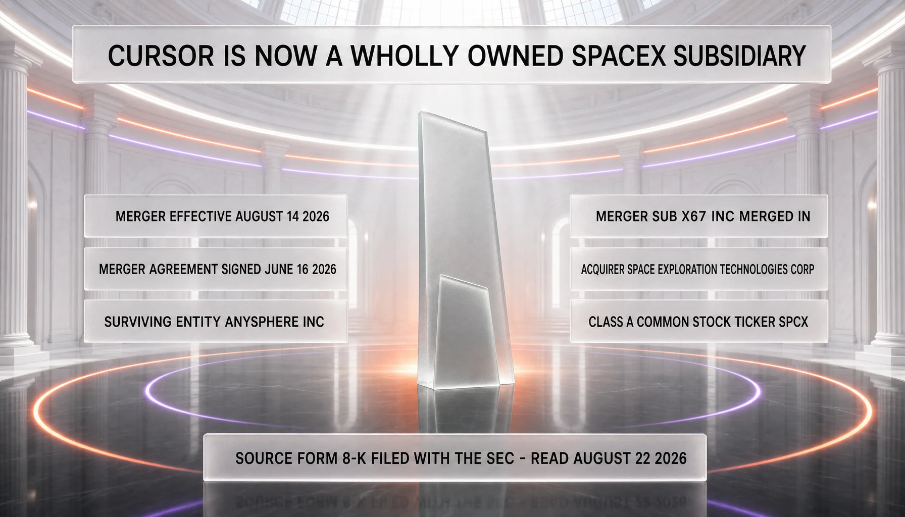 Cursor is now a wholly owned SpaceX subsidiary: the merger became effective August 14, 2026 under a merger agreement signed June 16, 2026, with Anysphere Inc as the surviving entity, merger sub X67 Inc merged in, Space Exploration Technologies Corp as acquirer and Class A common stock trading under the ticker SPCX, per the Form 8-K filed with the SEC and read August 22, 2026
