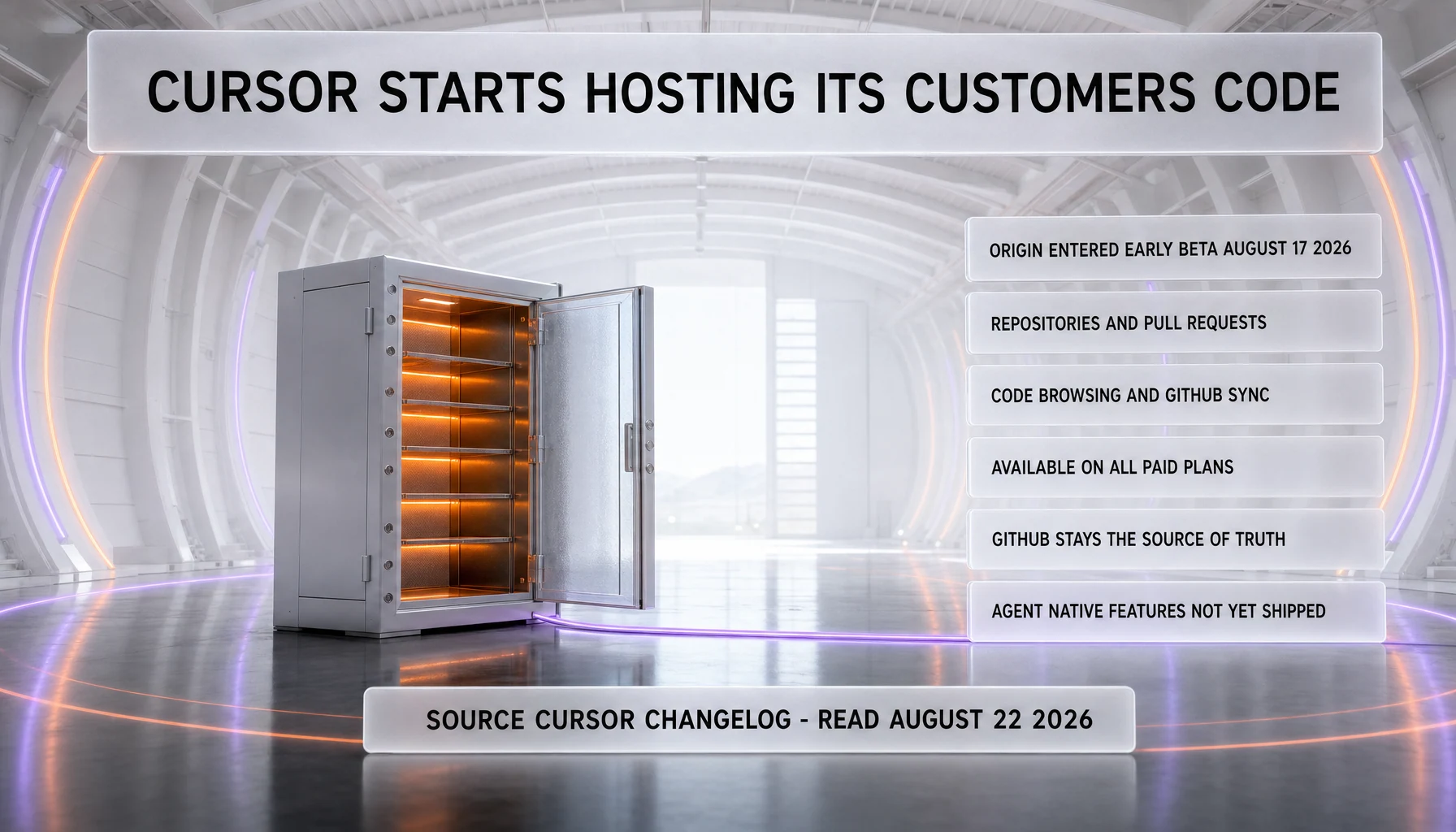 Cursor starts hosting its customers code: Origin entered early beta on August 17, 2026 with repositories and pull requests, code browsing and GitHub sync, available on all paid plans, while GitHub stays the source of truth and agent native features have not yet shipped, per the Cursor changelog read August 22, 2026