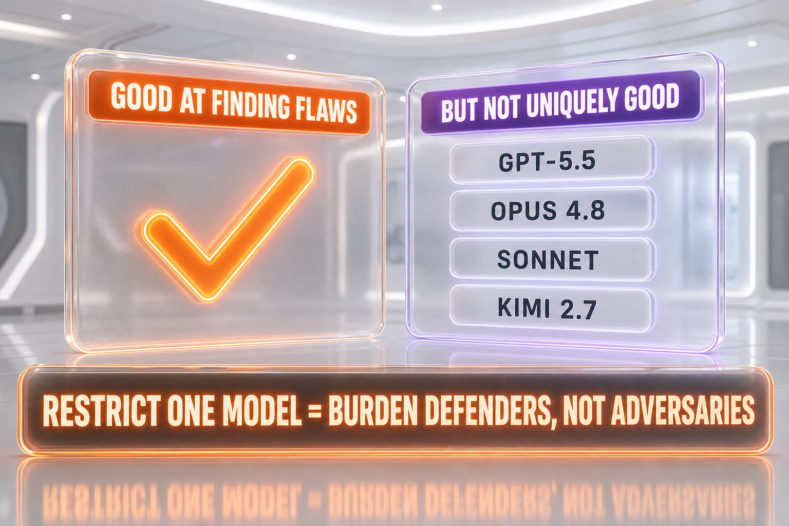 Infographic explaining the open letter logic: a capability that is good but not unique means restricting one model mostly burdens defenders while adversaries use substitutes