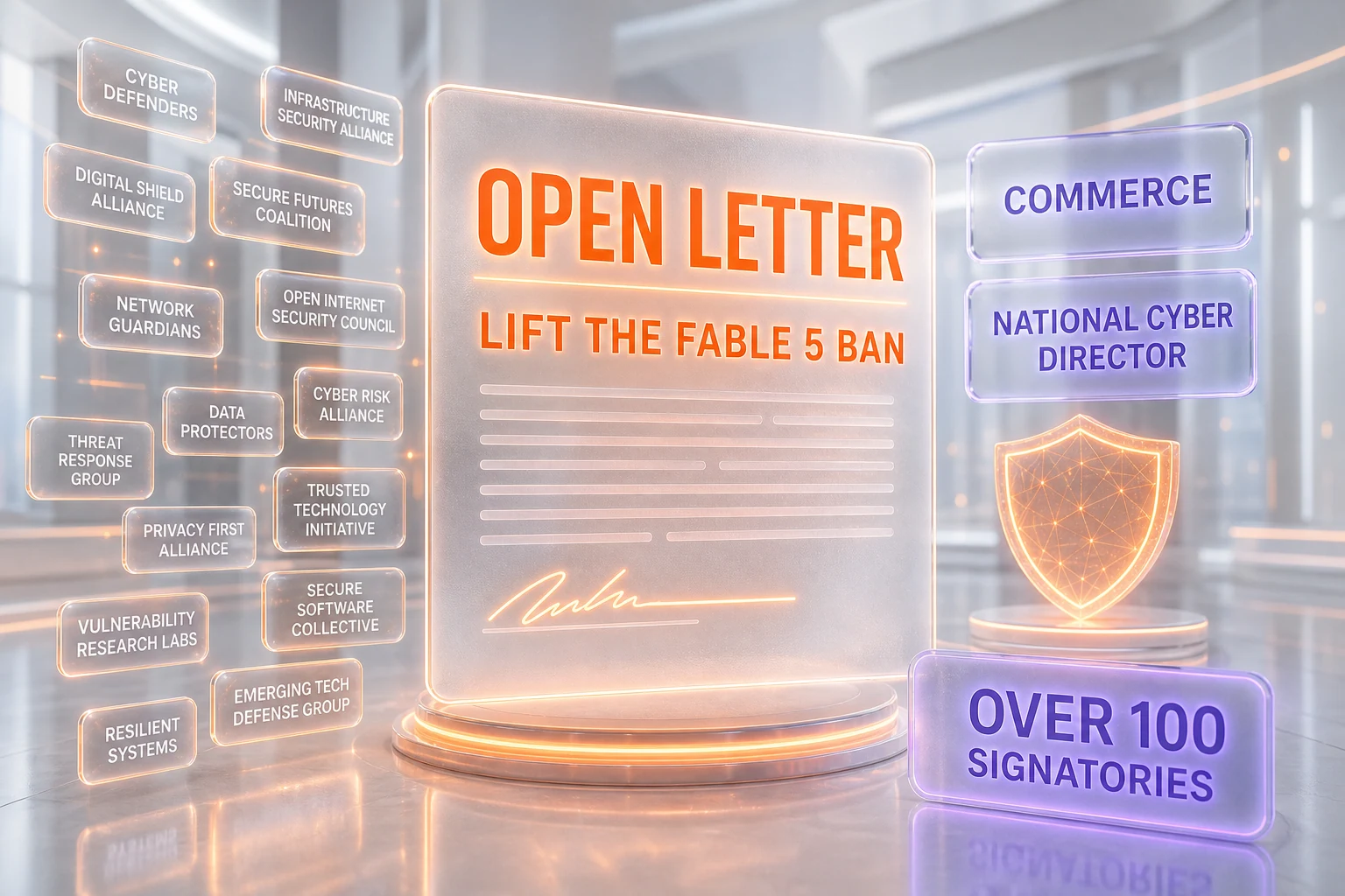 Conceptual illustration of over 100 cybersecurity experts signing an open letter asking the US government to lift export restrictions on Anthropic's Claude Fable 5 and Mythos models