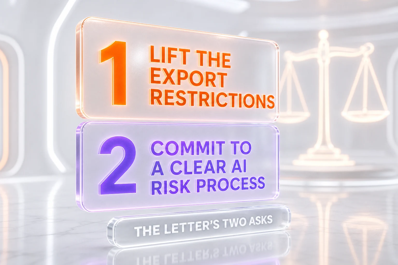 Infographic summarizing what the open letter asks: lift the export restrictions on Fable 5 and Mythos, and commit to a transparent process for assessing AI risk