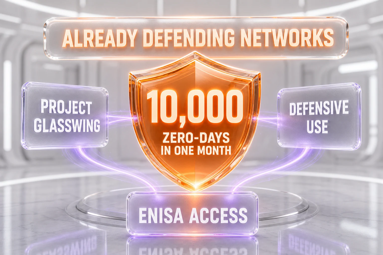 Visual showing the defensive track record of Anthropic's most capable models: Project Glasswing finding roughly 10,000 zero-day issues in one month and Mythos access extended to defenders including Europe's ENISA
