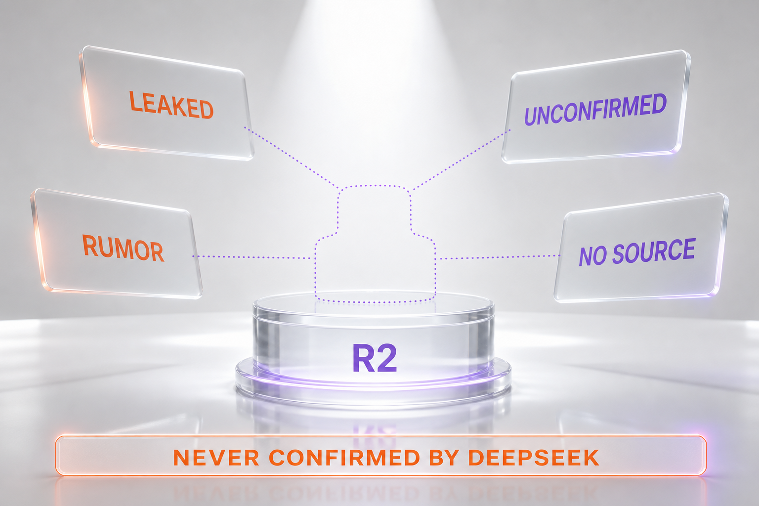 The phantom model — an empty spotlit pedestal labeled R2 surrounded by frosted cards marked leaked, unconfirmed and rumor, representing specifications DeepSeek never published