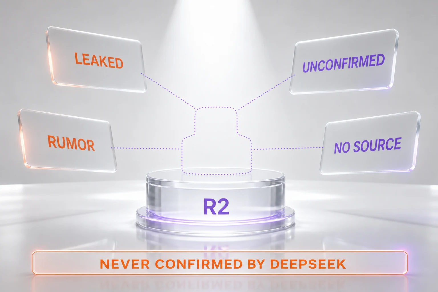The phantom model — an empty spotlit pedestal labeled R2 surrounded by frosted cards marked leaked, unconfirmed and rumor, representing specifications DeepSeek never published
