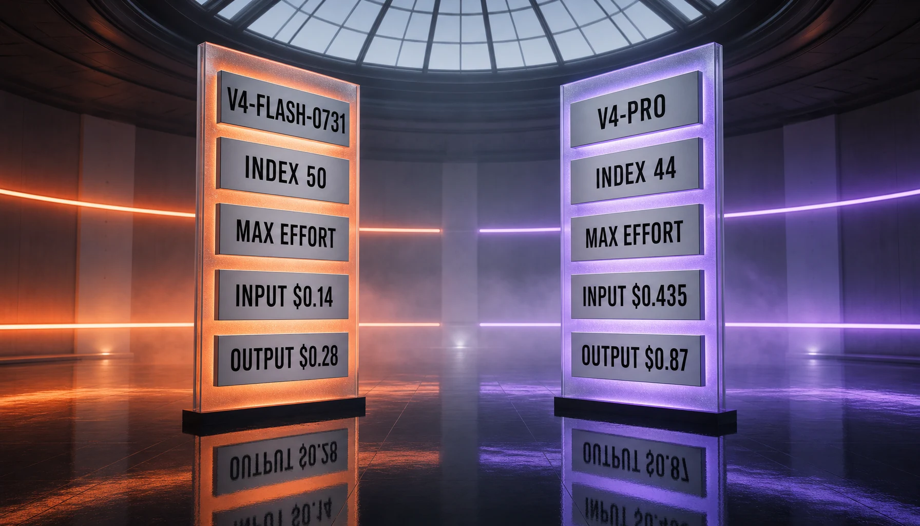 DeepSeek-V4-Flash-0731 scores 50 on the Artificial Analysis Intelligence Index at max effort against 44 for DeepSeek-V4-Pro