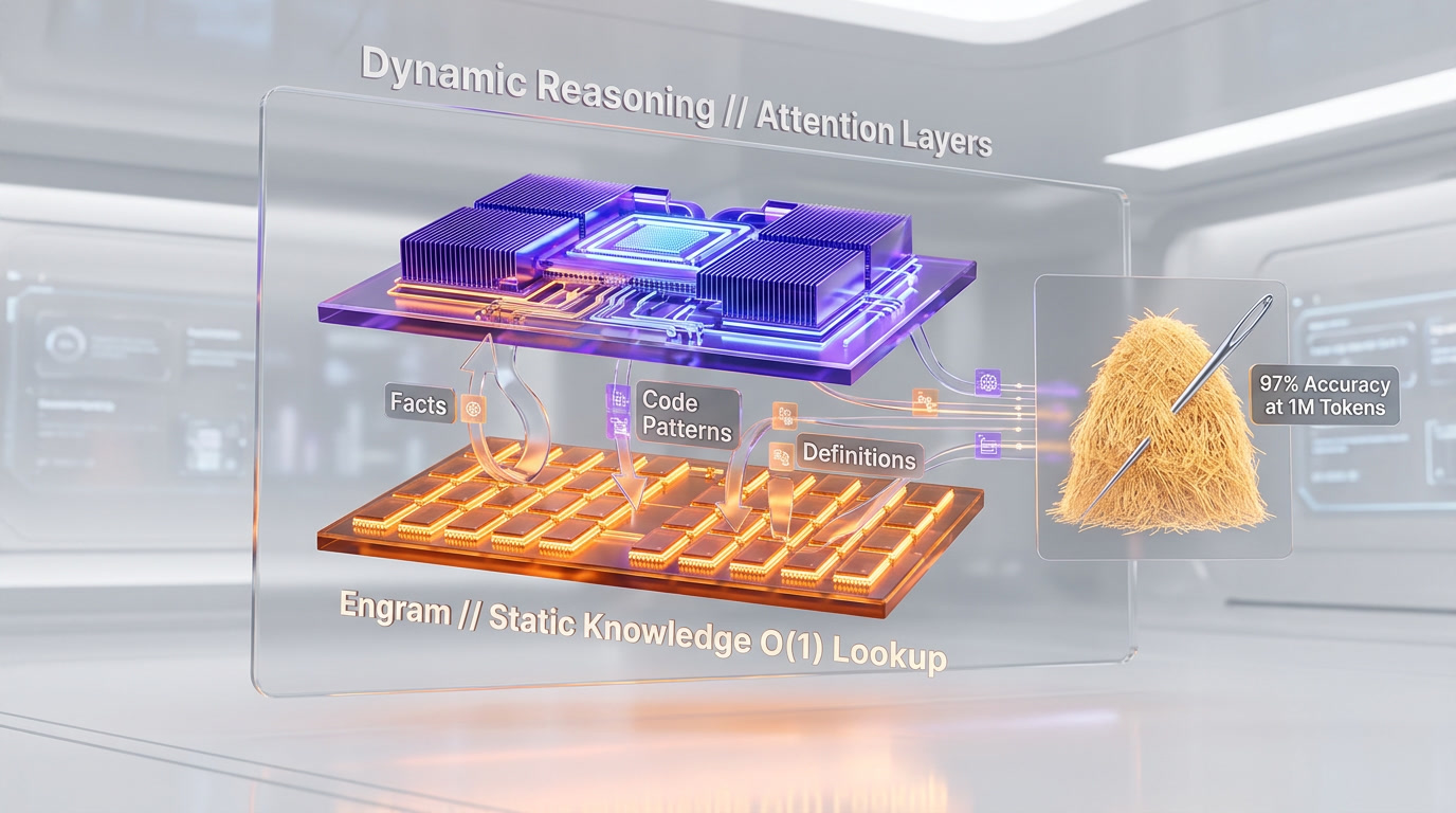 DeepSeek V4 Engram conditional memory architecture diagram showing DRAM-based knowledge retrieval