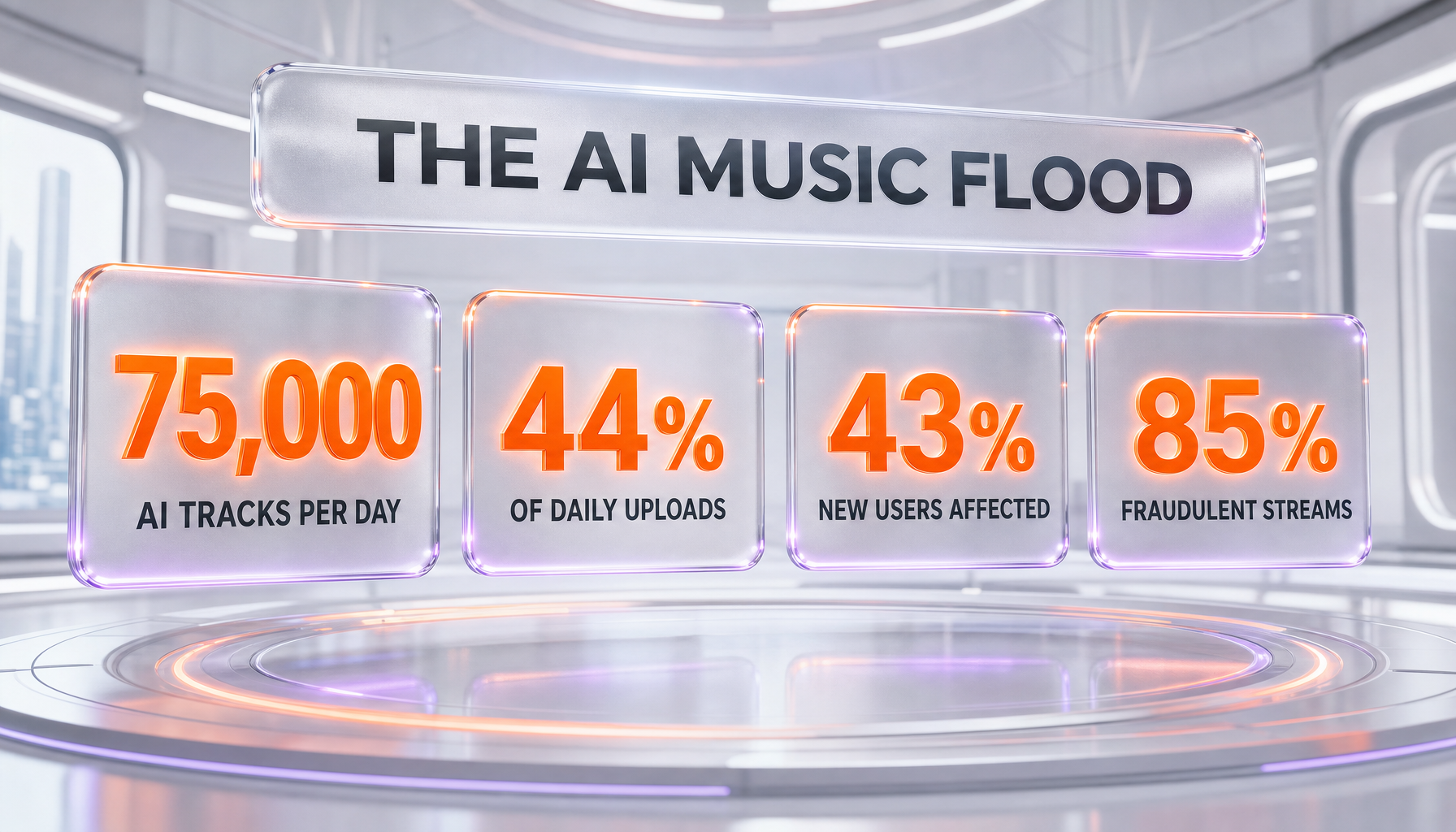 Deezer data: nearly 75,000 AI tracks per day, 44 percent of daily uploads, 43 percent of new users with AI in playlists, 85 percent fraudulent streams