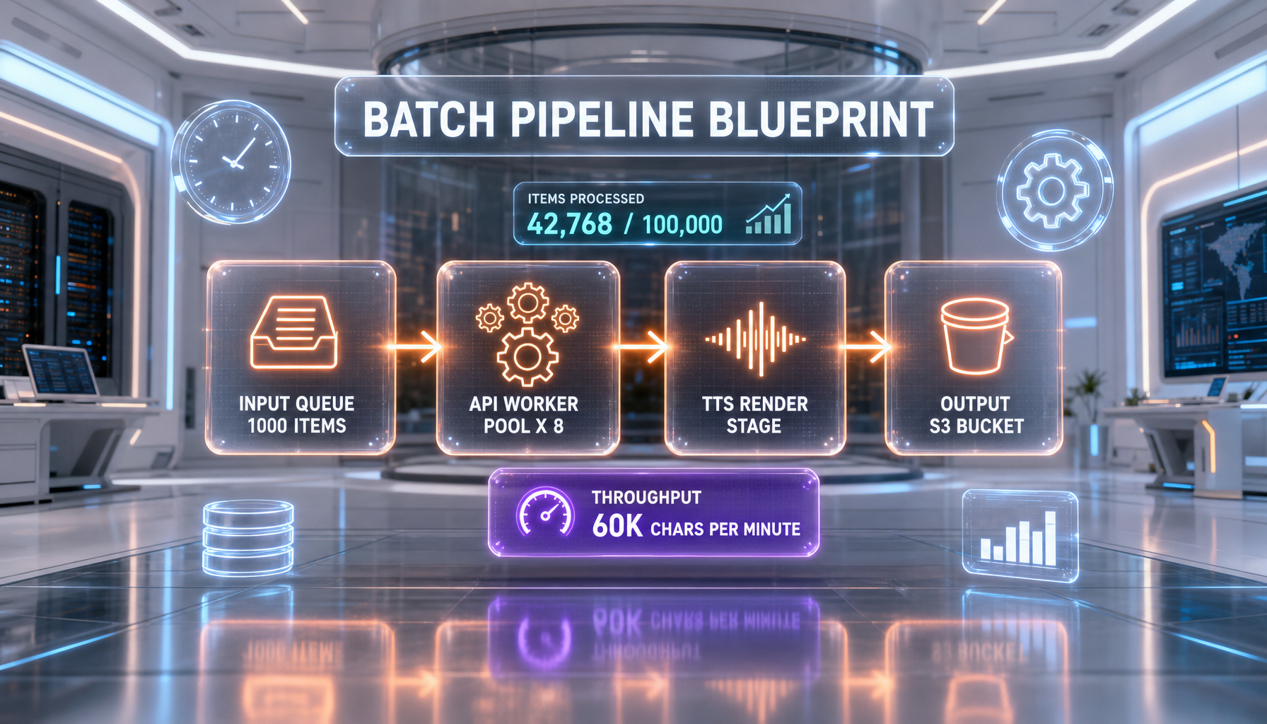 Multilingual TTS batch pipeline diagram with eight target languages, async fan-out, error retry queue, and S3 storage
