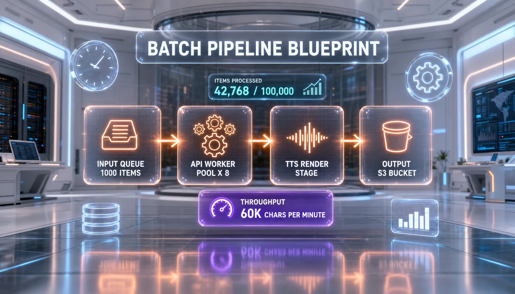 Multilingual TTS batch pipeline diagram with eight target languages, async fan-out, error retry queue, and S3 storage