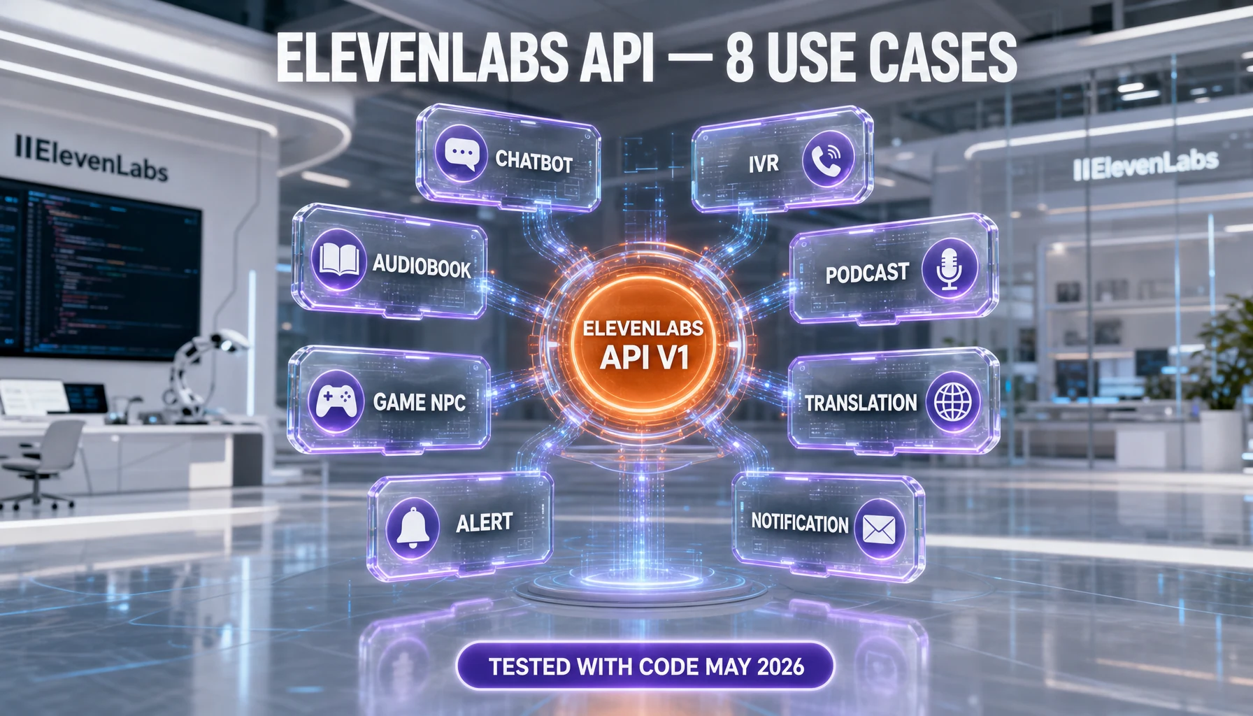 ElevenLabs API developer dashboard with Python and TypeScript code snippets, voice waveforms, and 2026 model identifiers eleven_v3 turbo flash