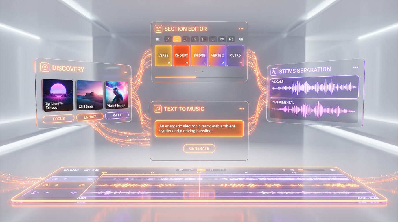 ElevenMusic features overview showing text-to-music generation, section editing, stems separation, and discovery platform