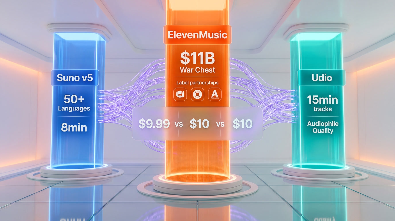 AI music generation market 2026 showing ElevenMusic vs Suno vs Udio competitive landscape