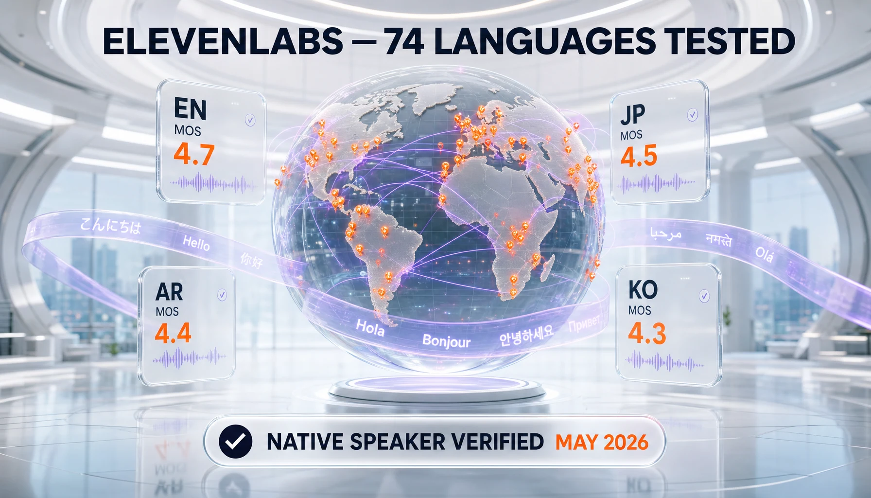 ElevenLabs v3 multilingual TTS quality matrix across 74 languages tested by native speakers in 2026