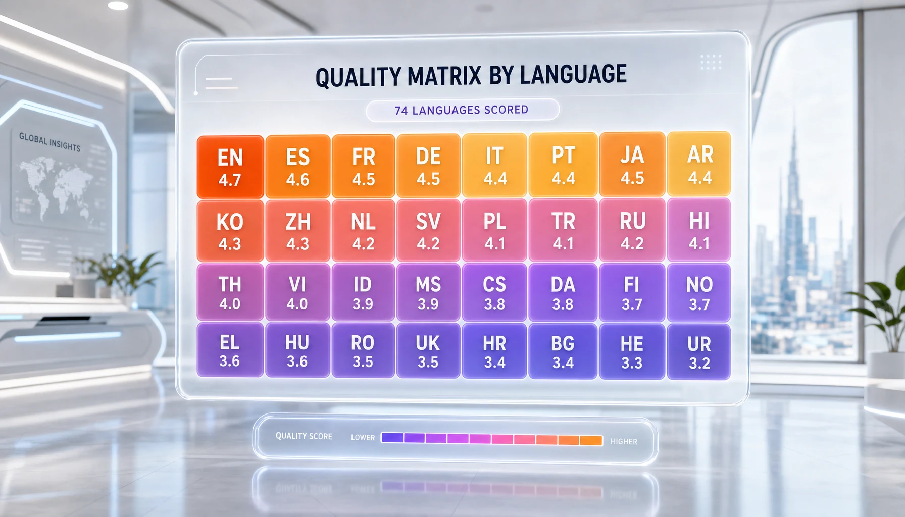 Quality matrix scoring 25 languages on ElevenLabs v3 from 5.0 native to 2.5 robotic