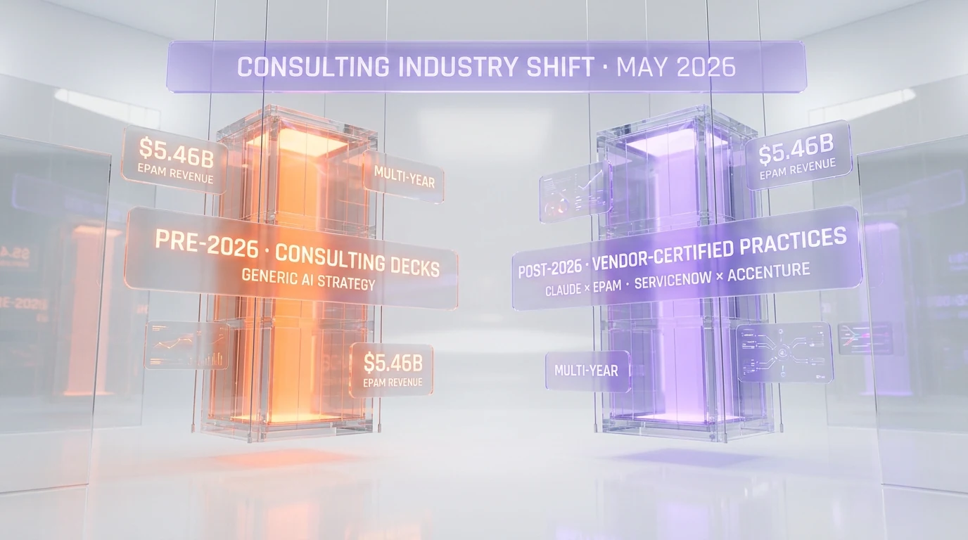 Consulting industry shift May 2026 — pre-2026 generic AI strategy decks versus post-2026 vendor-certified practices like Claude EPAM and ServiceNow Accenture