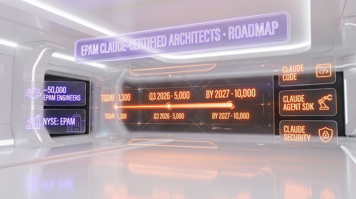 EPAM Claude-certified architect roadmap — 1,300 today, 5,000 by Q3 2026, 10,000 over multi-year horizon, covering Claude Code, Claude Agent SDK, and Claude Security