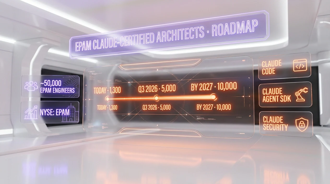 EPAM Claude-certified architect roadmap — 1,300 today, 5,000 by Q3 2026, 10,000 over multi-year horizon, covering Claude Code, Claude Agent SDK, and Claude Security